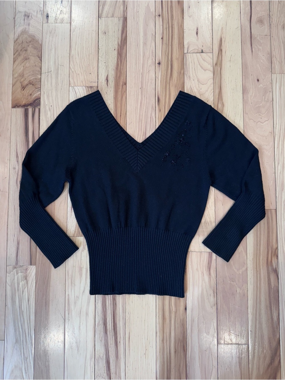 A. Byer Black V-Neck Ribbed Waist Sweater with Shoulder Detail